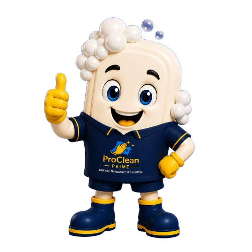 ProClean Prime mascot - personaje de limpiador alegre con burbujas de jabón