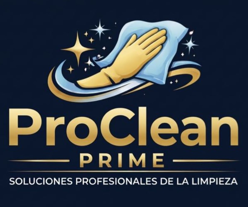 Logo de ProClean Prime - mano dorada sobre trapo azul con estrellas y texto completo