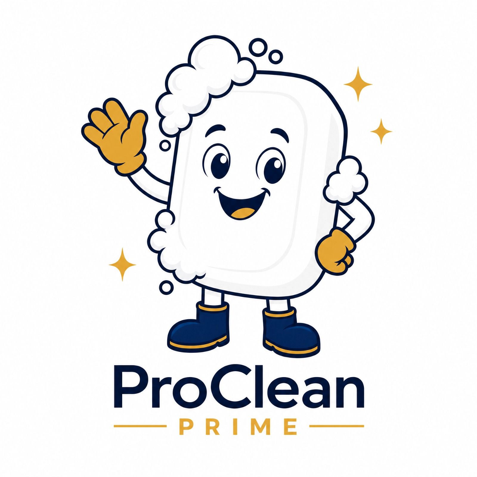 ProClean Prime mascot - personaje de limpiador alegre con burbujas de jabón